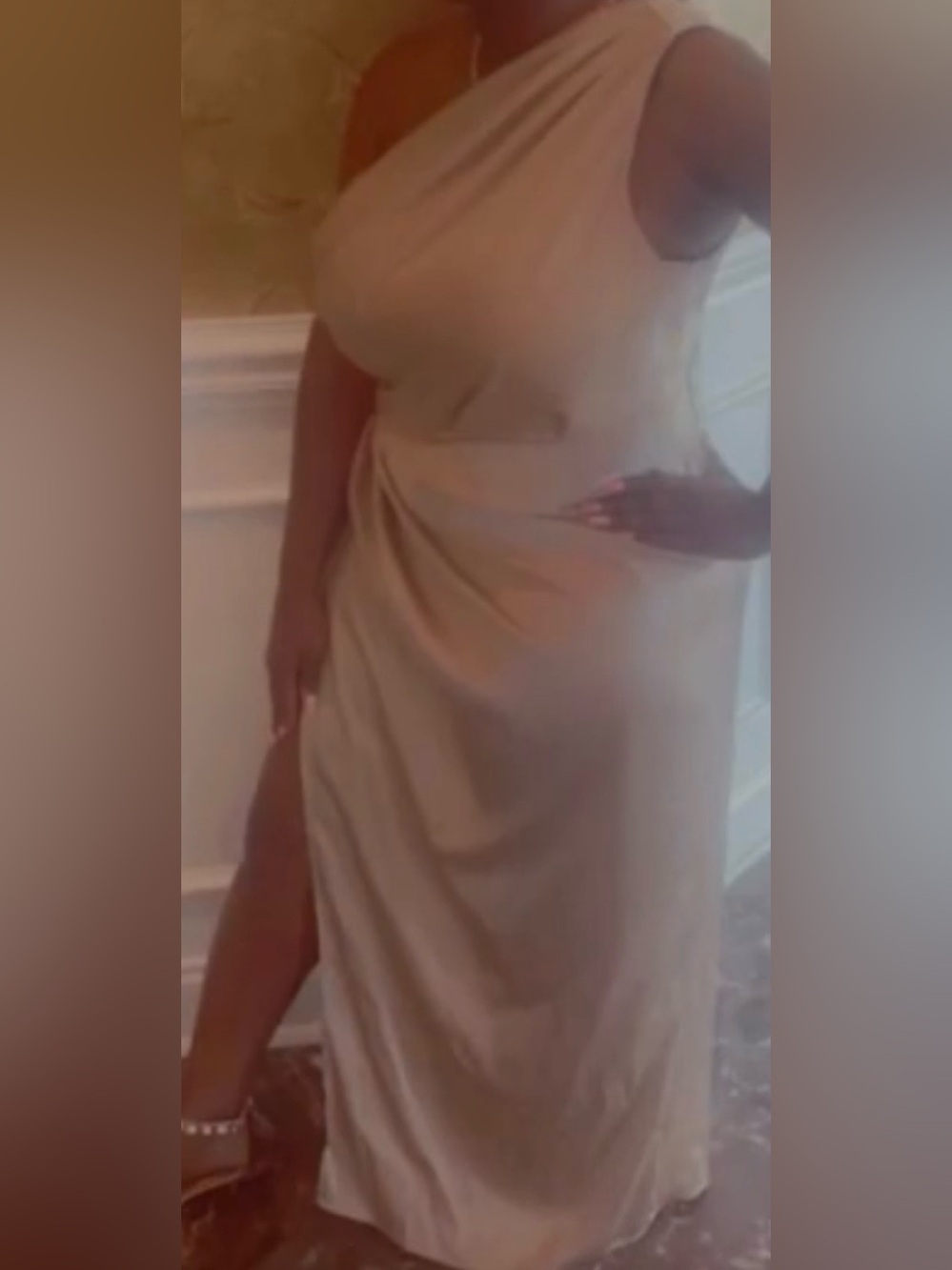 One-shoulder tan dress